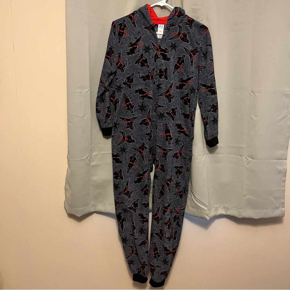 Kids Grey Hooded Footed One-Piece with Red Accents